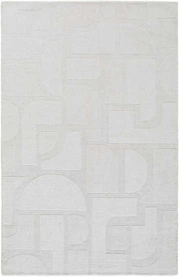 Close-up of the hand-loomed Chizue Area Rug. Ivory, light gray, and pearl wool with a geometric pattern. Design-Rectangle-576