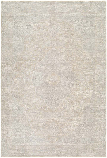 Close-up of the Ayasha Area Rug. Farmhouse style, machine woven with a subtle traditional pattern in neutral beige and gray tones. Design-Rectangle-6796