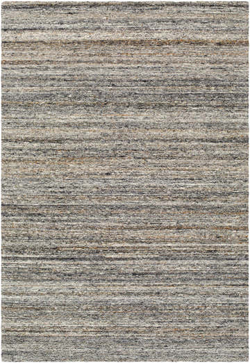 Close-up of the hand-tufted Capote Tan Area Rug. Features ash, charcoal, slate blue, tan, and taupe hues in a horizontal stripe design. Design-Rectangle-576
