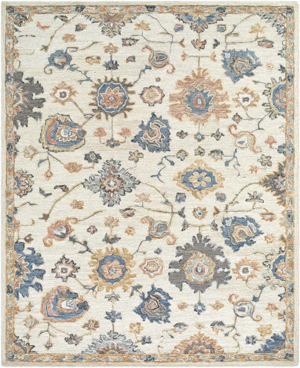 Close-up of the Candid Oushak Area Rug, a cream wool rug with light brown, steel blue, and gray floral and vine pattern. Design-Rectangle-810