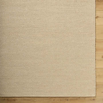 Close-up of the Cezary Jute Rug. Neutral rug with a woven texture on light wood flooring. Farmhouse style. Corner
