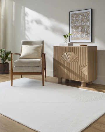 Living room scene with a Carpus Area Rug, gray chair, and light wood cabinet. Modern, neutral tones. Roomscene-Rectangle
