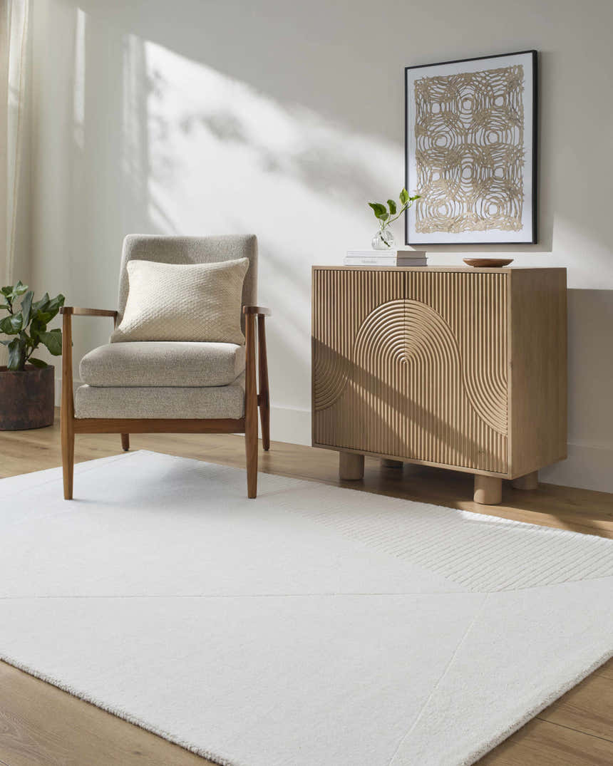 Living room scene with a Carpus Area Rug, gray chair, and light wood cabinet. Modern, neutral tones. Roomscene-Rectangle