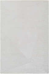 Close up of the Carpus Area Rug. Ivory, light gray, and pearl geometric design with textured wool. Design-Rectangle-576