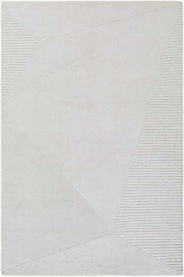 Close up of the Carpus Area Rug. Ivory, light gray, and pearl geometric design with textured wool. Design-Rectangle-576