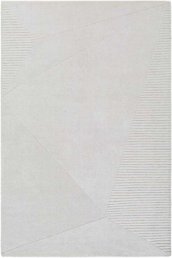 Close up of the Carpus Area Rug. Ivory, light gray, and pearl geometric design with textured wool. Design-Rectangle-576