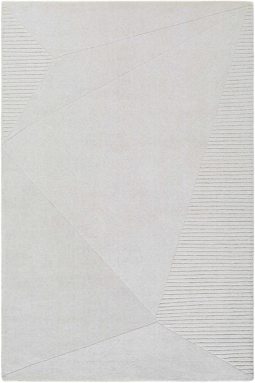 Close up of the Carpus Area Rug. Ivory, light gray, and pearl geometric design with textured wool. Design-Rectangle-576