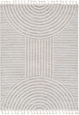Close-up of the Cassie Area Rug, cream and peach geometric design with tassels. Design-Rectangle-537