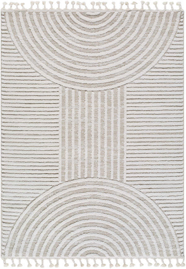 Close-up of the Cassie Area Rug, cream and peach geometric design with tassels. Design-Rectangle-537