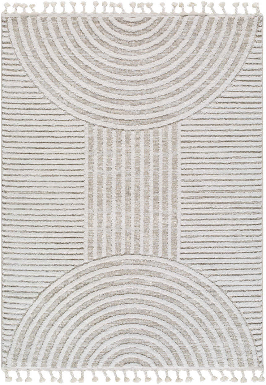 Close-up of the Cassie Area Rug, cream and peach geometric design with tassels. Design-Rectangle-537