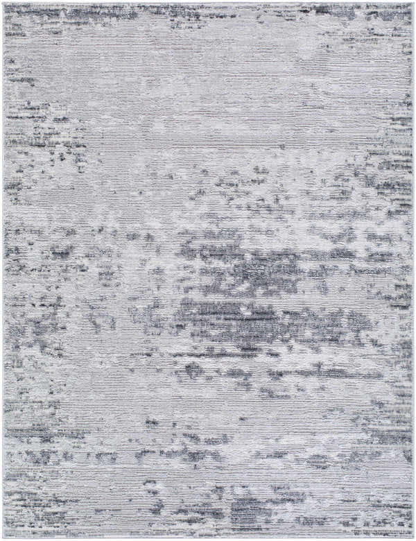 Close-up of the Candie Gray Area Rug. Contemporary design with cream, ivory, and light gray hues. Machine woven texture. Design-Rectangle-537