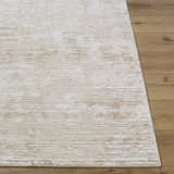 Close-up of the Candie Beige Area Rug showing its cream, beige, and tan textured design on wood floors. Front
