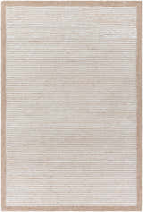 Close-up of the Cianna Area Rug. Hand-tufted wool rug with beige stripes and a tan border. Design-Rectangle-576