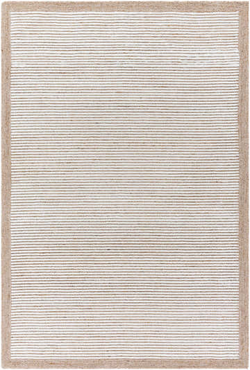 Close-up of the Cianna Area Rug. Hand-tufted wool rug with beige stripes and a tan border. Design-Rectangle-576