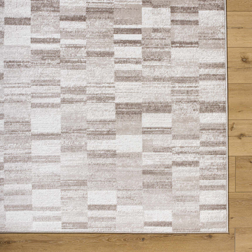 Close-up of the Cherie Light Brown Area Rug. Contemporary design with light silver, sage, and silver gray blocks. Swatch
