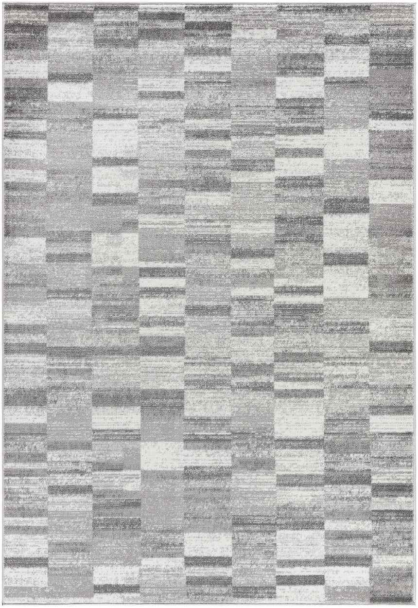 Close-up of the Cherie Medium Gray Area Rug featuring a contemporary geometric pattern in light silver and silver gray. Design-Rectangle-5373