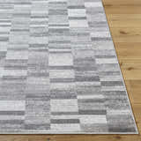 Close-up of the Cherie Medium Gray Area Rug. Contemporary design with light silver, sage, and silver gray tones. Front