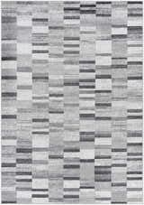Close-up of the Cherie Cream Area Rug. Contemporary design with gray, silver, and sage hues in a machine-woven, rectangular pattern. Design-Rectangle-5373