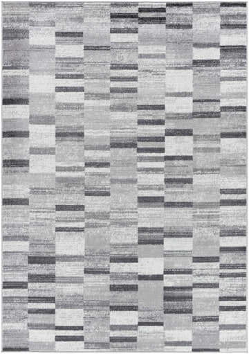 Close-up of the Cherie Cream Area Rug. Contemporary design with gray, silver, and sage hues in a machine-woven, rectangular pattern. Design-Rectangle-5373