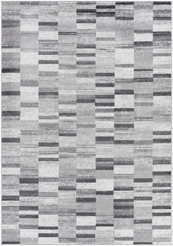 Close-up of the Cherie Cream Area Rug. Contemporary design with gray, silver, and sage hues in a machine-woven, rectangular pattern. Design-Rectangle-5373