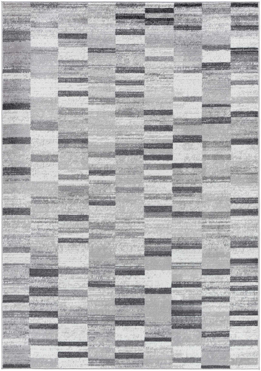 Close-up of the Cherie Cream Area Rug. Contemporary design with gray, silver, and sage hues in a machine-woven, rectangular pattern. Design-Rectangle-5373