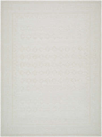 Close-up of the Ayunli Area Rug. Light silver rug with a subtle geometric pattern and textured border. Design-Rectangle-537