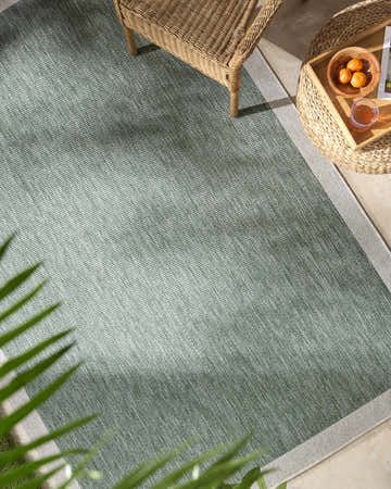 Close-up of the Chetan Green Area Rug showing its woven texture, cream border, and green hues in an outdoor setting. Roomscene-Rectangle
