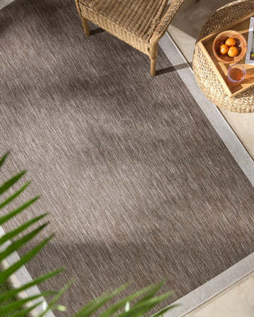 Patio scene with Chetan Dark Brown Area Rug, wicker furniture, and neutral tones. Roomscene-Rectangle