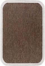 Close-up of Chetan Dark Brown Area Rug. Polypropylene rug with cream border, machine woven texture. Farmhouse style. Design-Rectangle-537