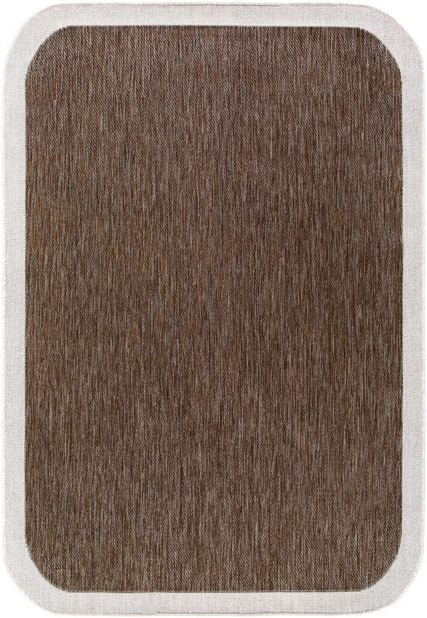 Close-up of Chetan Dark Brown Area Rug. Polypropylene rug with cream border, machine woven texture. Farmhouse style. Design-Rectangle-537