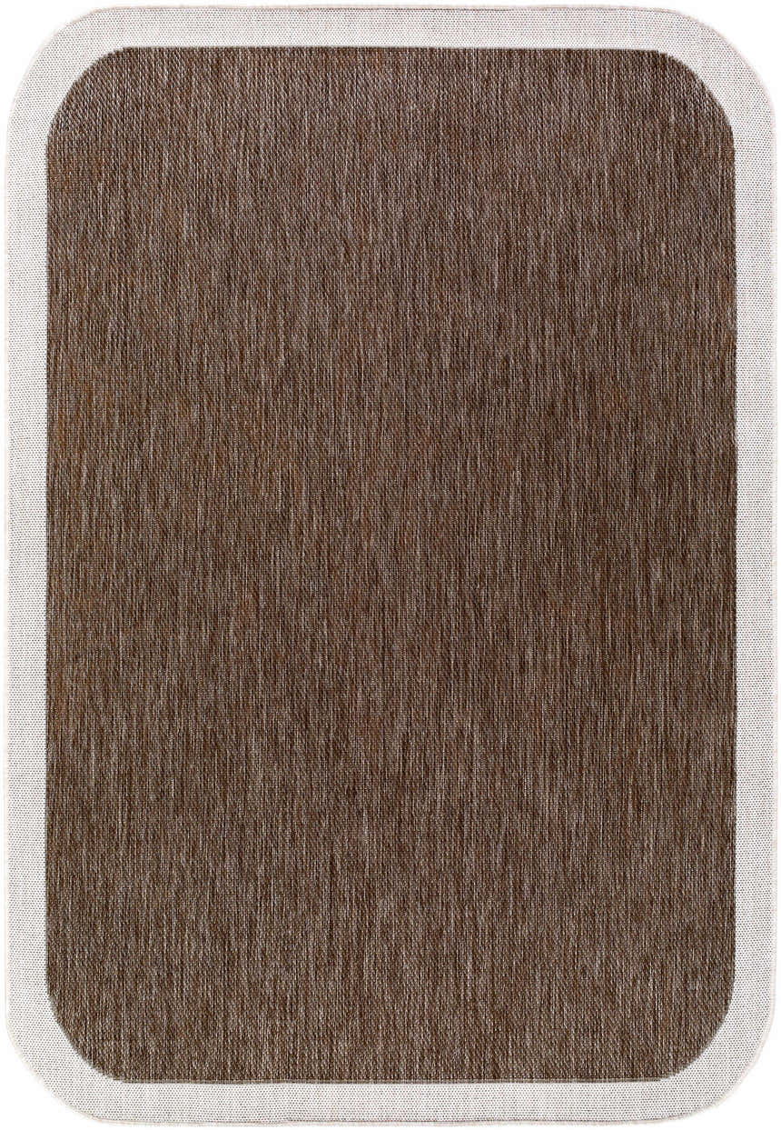 Close-up of Chetan Dark Brown Area Rug. Polypropylene rug with cream border, machine woven texture. Farmhouse style. Design-Rectangle-537