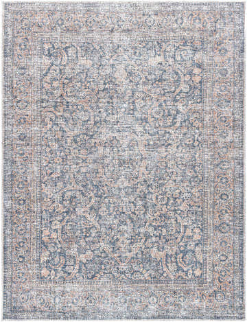 Close-up of the Chicha Washable Area Rug. Traditional design in beige, gray, medium gray, and salmon hues. Machine woven texture. Design-Rectangle-537