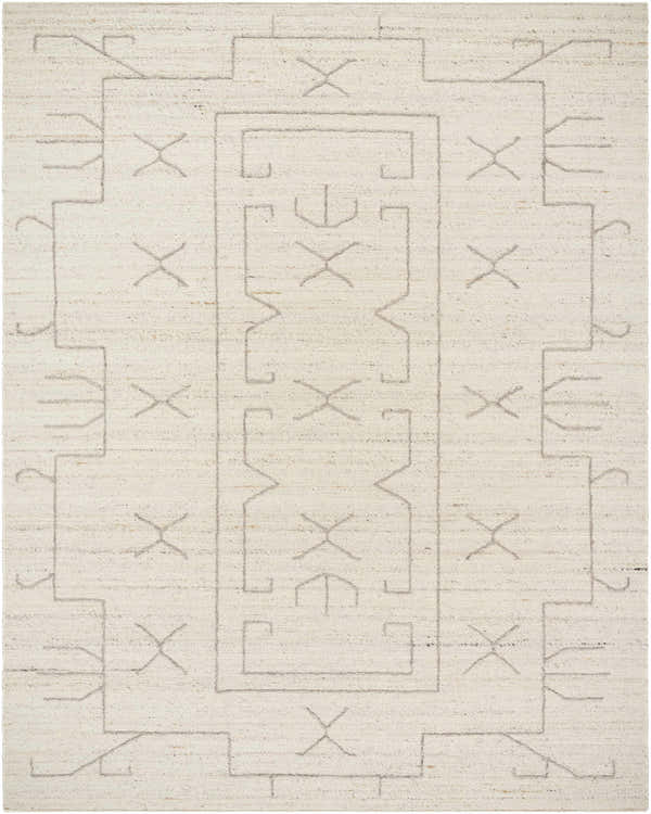 Close-up of the hand-woven Chanda Area Rug. Beige wool rug with a contemporary geometric pattern. Design-Rectangle-810