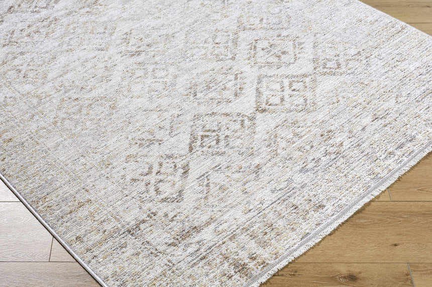 Close-up of the beige and ivory Cadell Area Rug showing its traditional pattern and soft texture. Corner