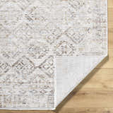 Close-up of the Cadell Area Rug, showing beige, ivory, and taupe tones. Traditional diamond pattern on a soft, textured surface. Fold