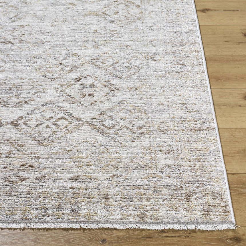 Close-up of the Cadell Area Rug showing its beige, ivory, and sandstone traditional pattern and soft texture. Front
