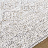 Close-up of the textured Cadell Area Rug. Beige, ivory, sandstone, and taupe farmhouse style rug. Texture