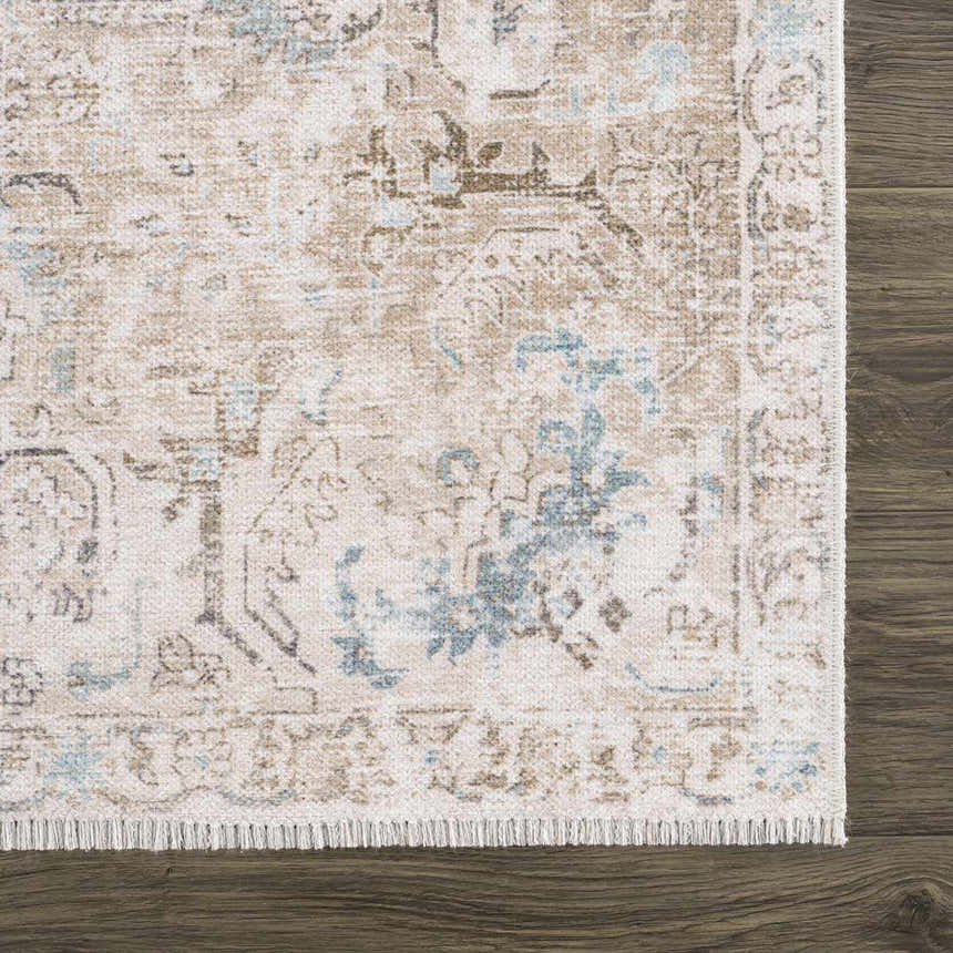 Close-up of the Beige Holi-4600 Washable Area Rug. Features a traditional vintage pattern with cream, brown, and blue tones. Swatch