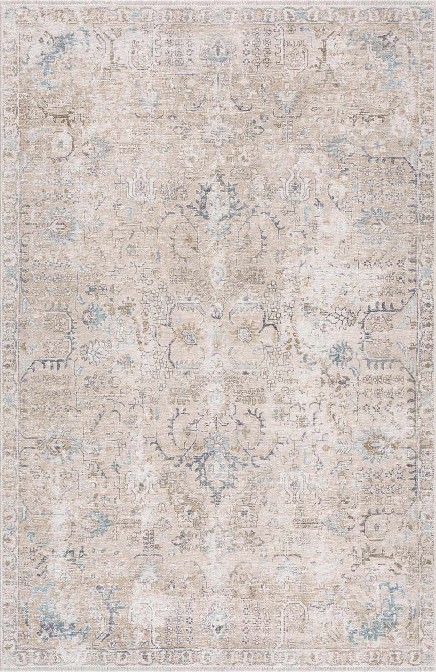 Close-up of the Beige Holi-4600 Washable Area Rug. Features a traditional vintage design in cream, brown, and peach tones. Design-Rectangle-5373