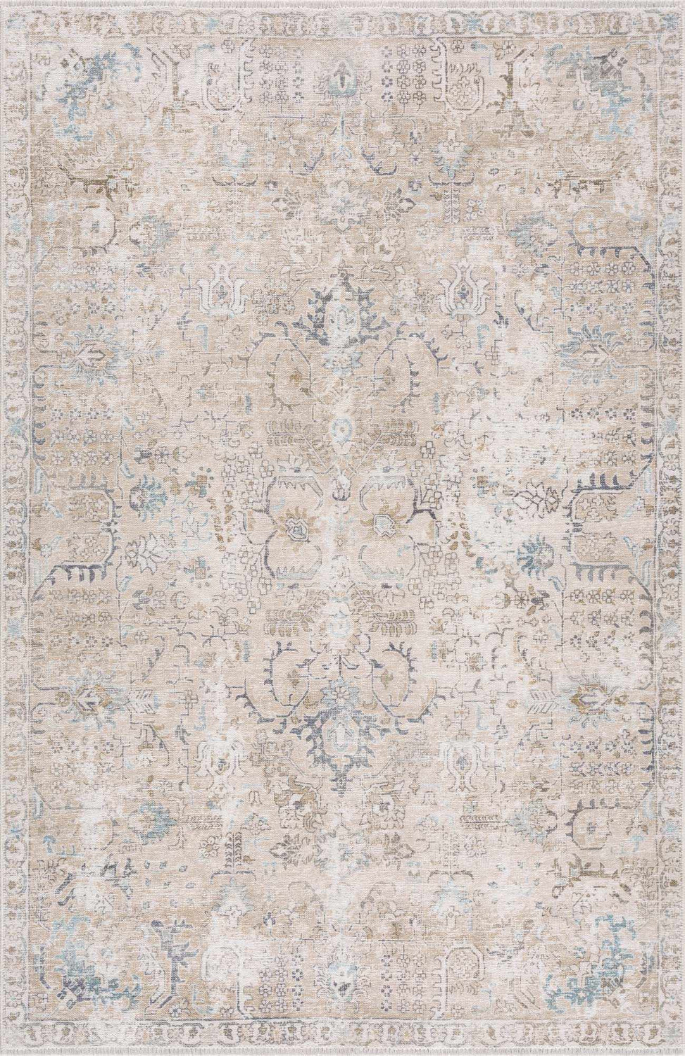 Close-up of the Beige Holi-4600 Washable Area Rug. Features a traditional vintage design in cream, brown, and peach tones. Design-Rectangle-5373