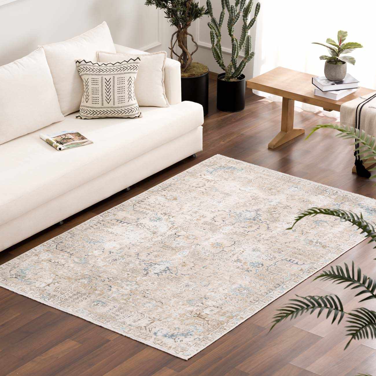 Living room scene with a Beige Holi-4600 Washable Area Rug, cream sofa, wood floor, and plants. Farmhouse style. Roomscene-Rectangle
