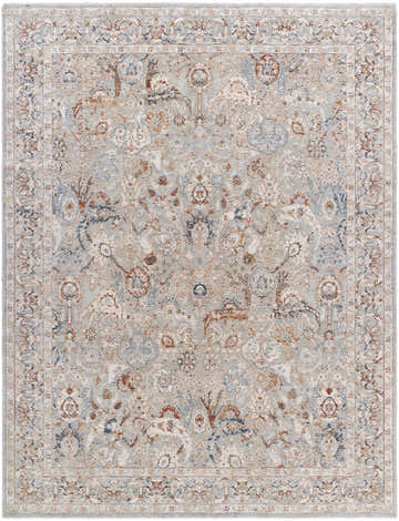 Close-up of the Chikao Beige Area Rug, a traditional rug with beige, cream, mustard, slate blue, and teal floral patterns. Design-Rectangle-710102
