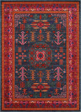 Detailed close-up of the Cleveland Colorful Traditional Area Rug. Features teal, aqua, navy, and red tones with a vintage-inspired pattern. Design-Rectangle