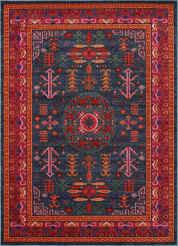 Detailed close-up of the Cleveland Colorful Traditional Area Rug. Features teal, aqua, navy, and red tones with a vintage-inspired pattern. Design-Rectangle
