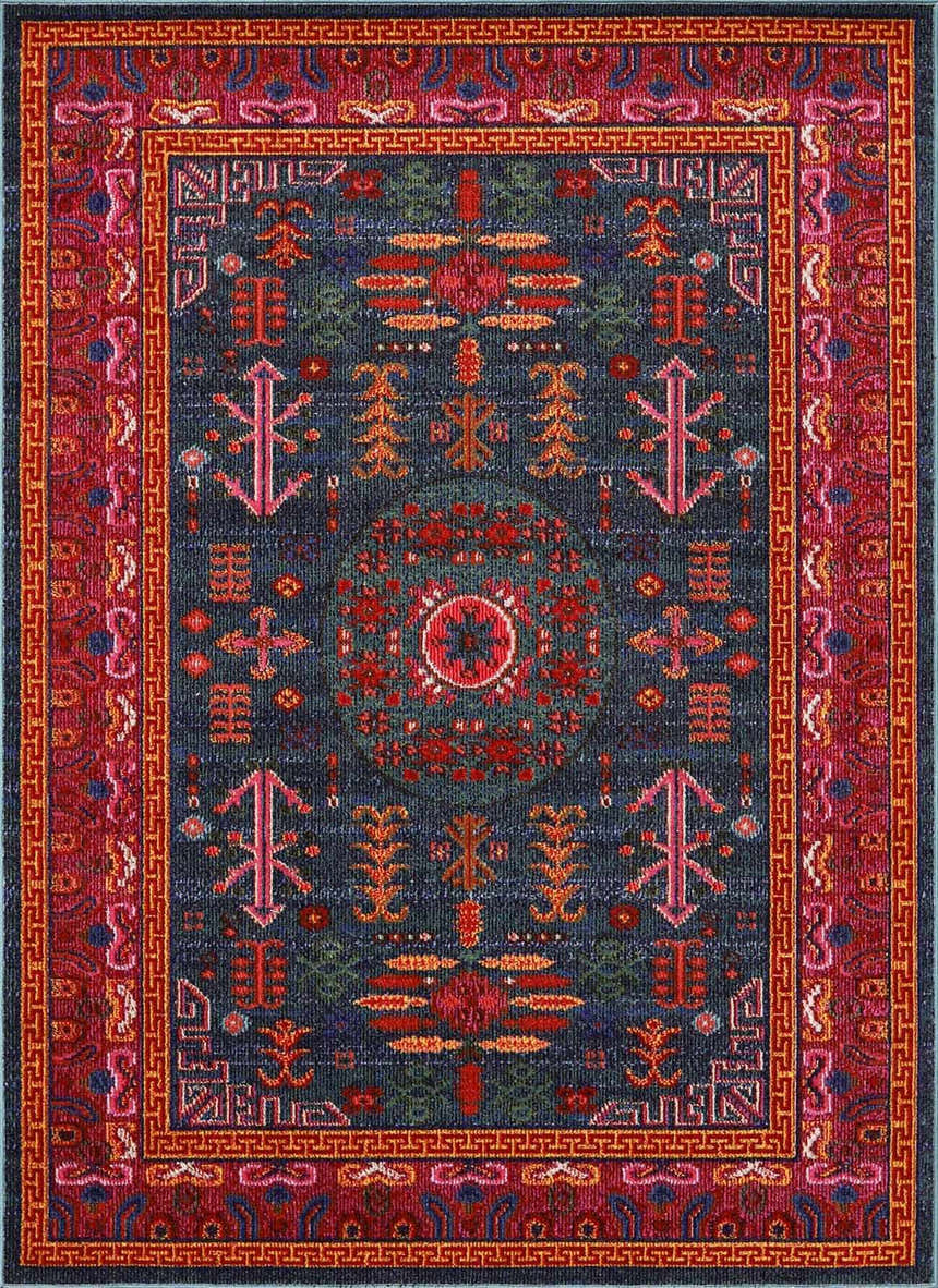Detailed close-up of the Cleveland Colorful Traditional Area Rug. Features teal, aqua, navy, and red tones with a vintage-inspired pattern. Design-Rectangle