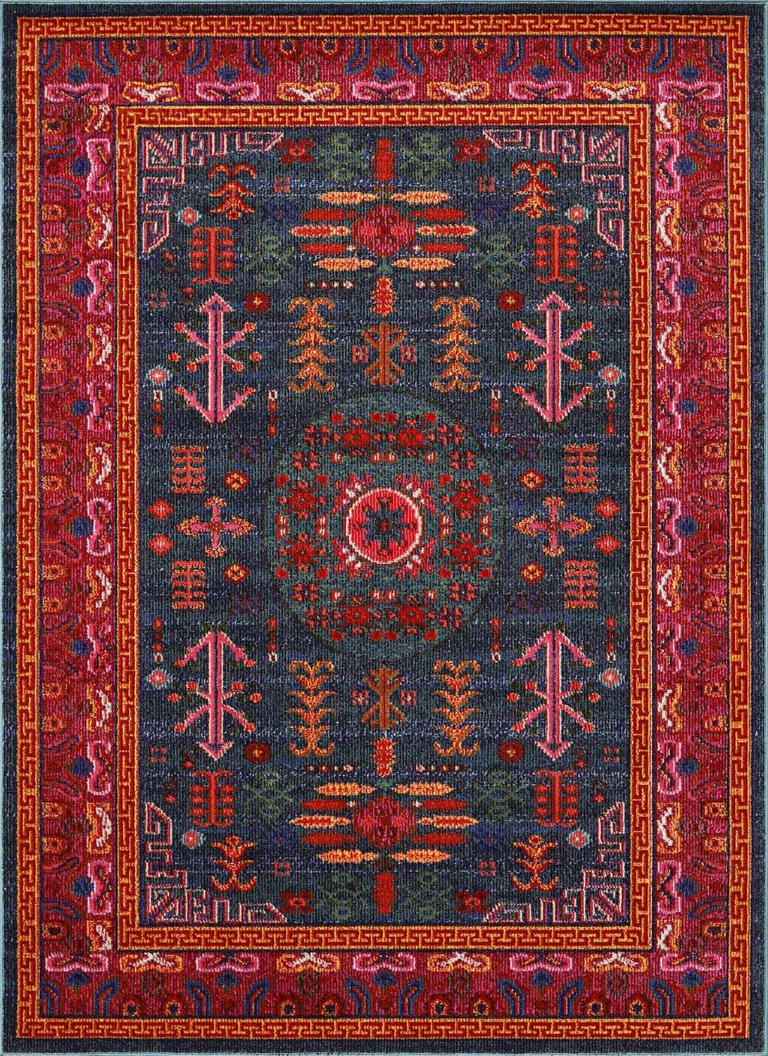 Detailed close-up of the Cleveland Colorful Traditional Area Rug. Features teal, aqua, navy, and red tones with a vintage-inspired pattern. Design-Rectangle