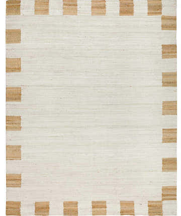 Close-up of the Rocio White Jute Carpet. Cream rug with a tan square block border. Hand woven texture. Design-Rectangle-23