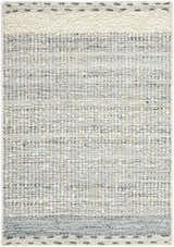 Close-up of the Dalaoig Flat Woven Wool Rug; a textured rug in charcoal, cream, and gray with a hand-woven construction. Design-Rectangle-23