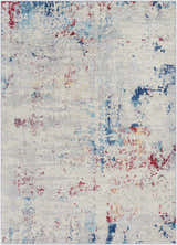 Close-up of the Dalorong Area Carpet. Contemporary design with dark blue, light beige, red, and gray abstract pattern. Design-Rectangle-5373