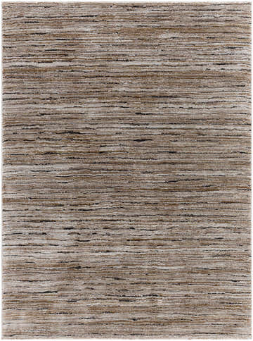Close-up of the Wantu Luxe Thick Area Rug showing its horizontal striations in tan, ivory, and black. Design-Rectangle-537